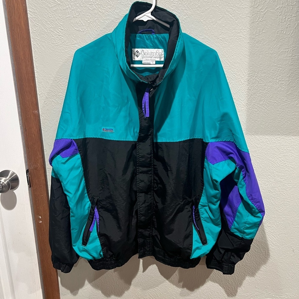 Columbia Turquoise and Black Outdoor Jacket Retro Radial Sleeve Vintage Gazooks